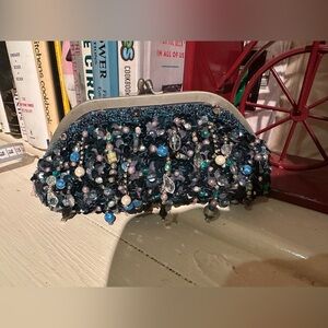 Accessorize Hand Beaded Purse Clutch  Blue Sequin Pearl Beaded With Chain